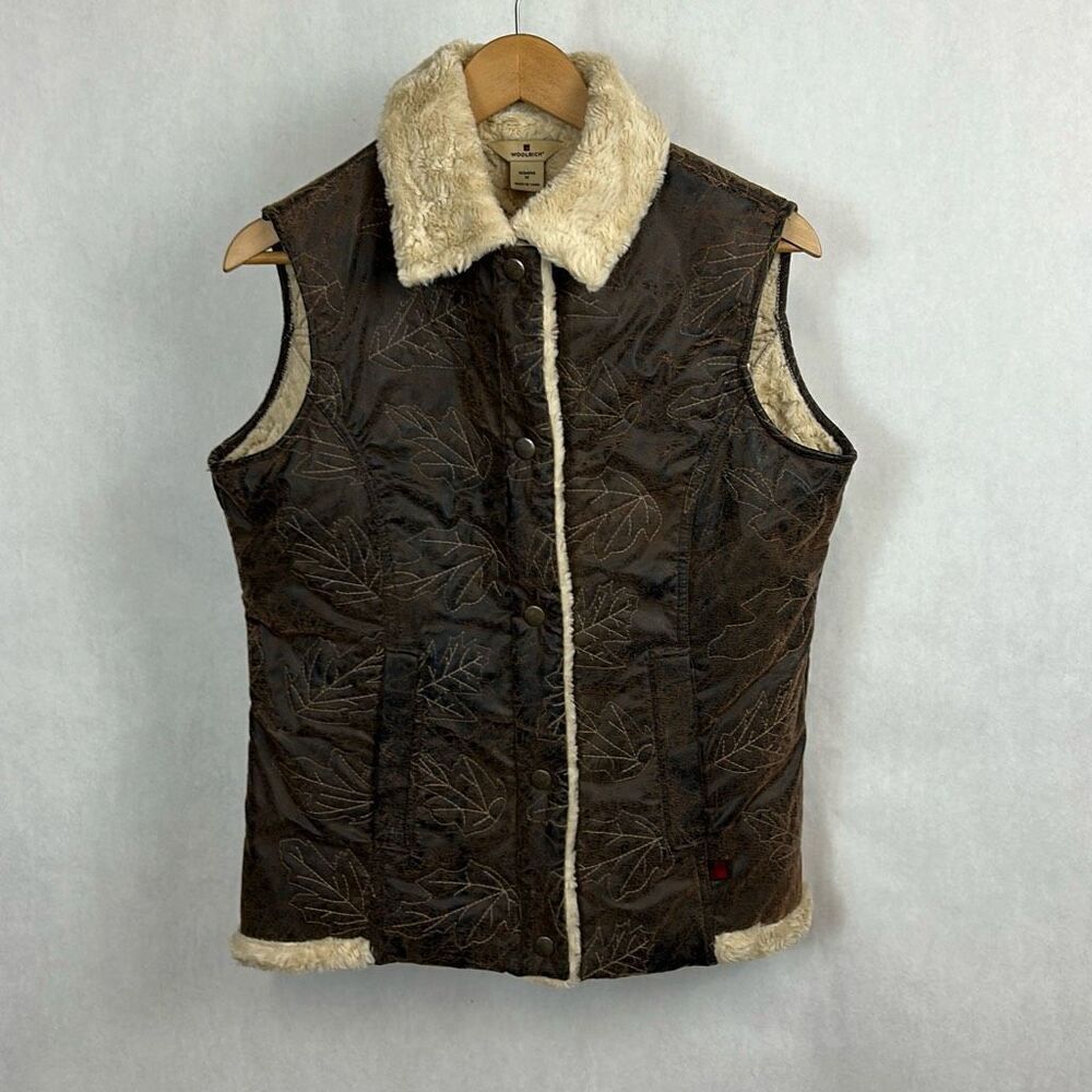 Woolrich Womens Vest Sz Medium Brown Faux Leather Sherpa Faux Fur Lined Snap But